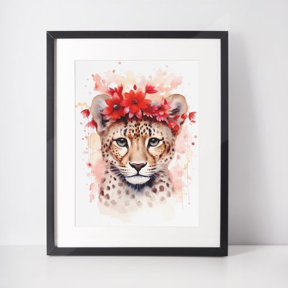 Watercolor Leopard With Flowers Portrait Wall Art Illustration Print Unframed - Picture 2 of 6